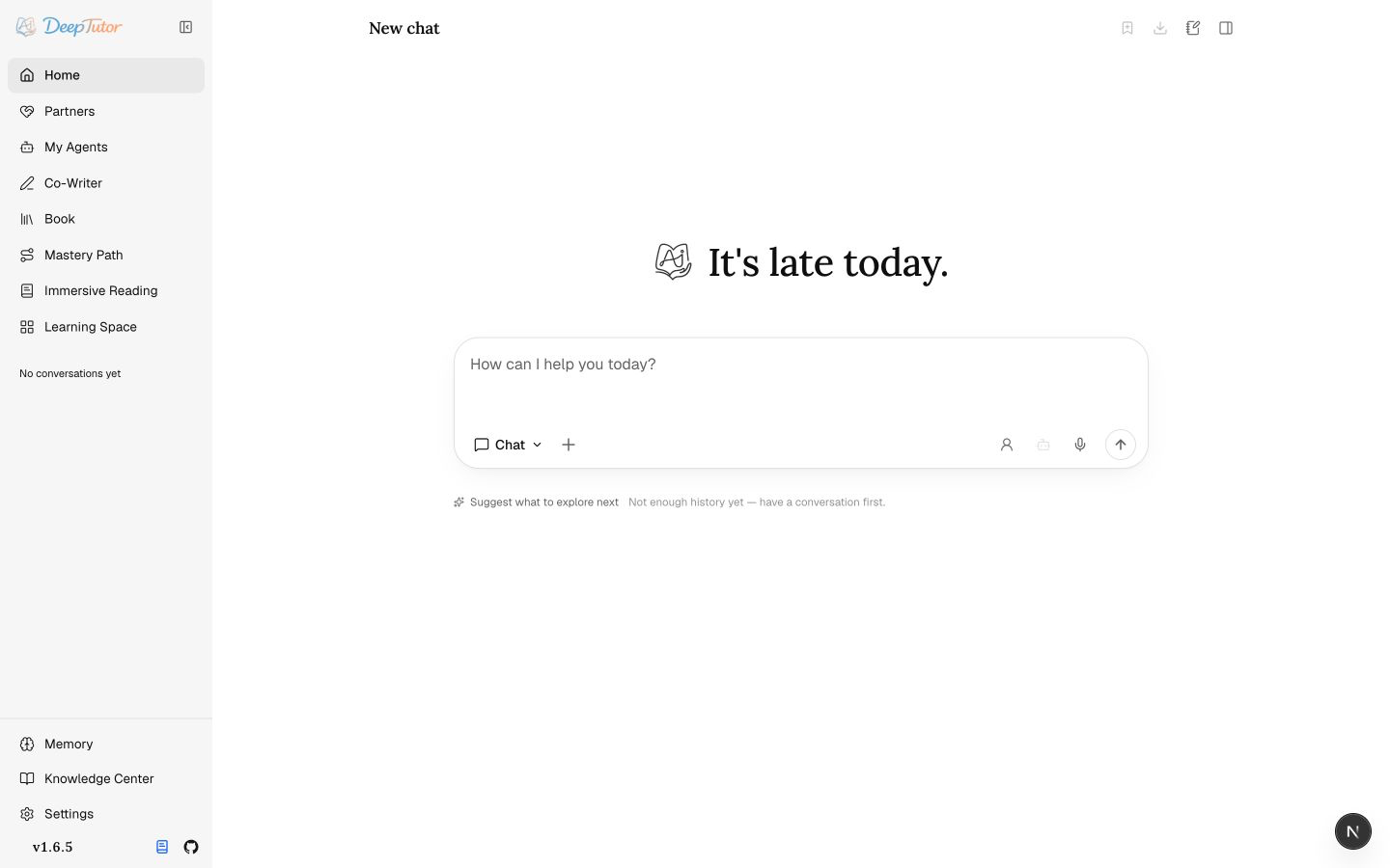DeepTutor home — the Chat workspace with every surface in the sidebar